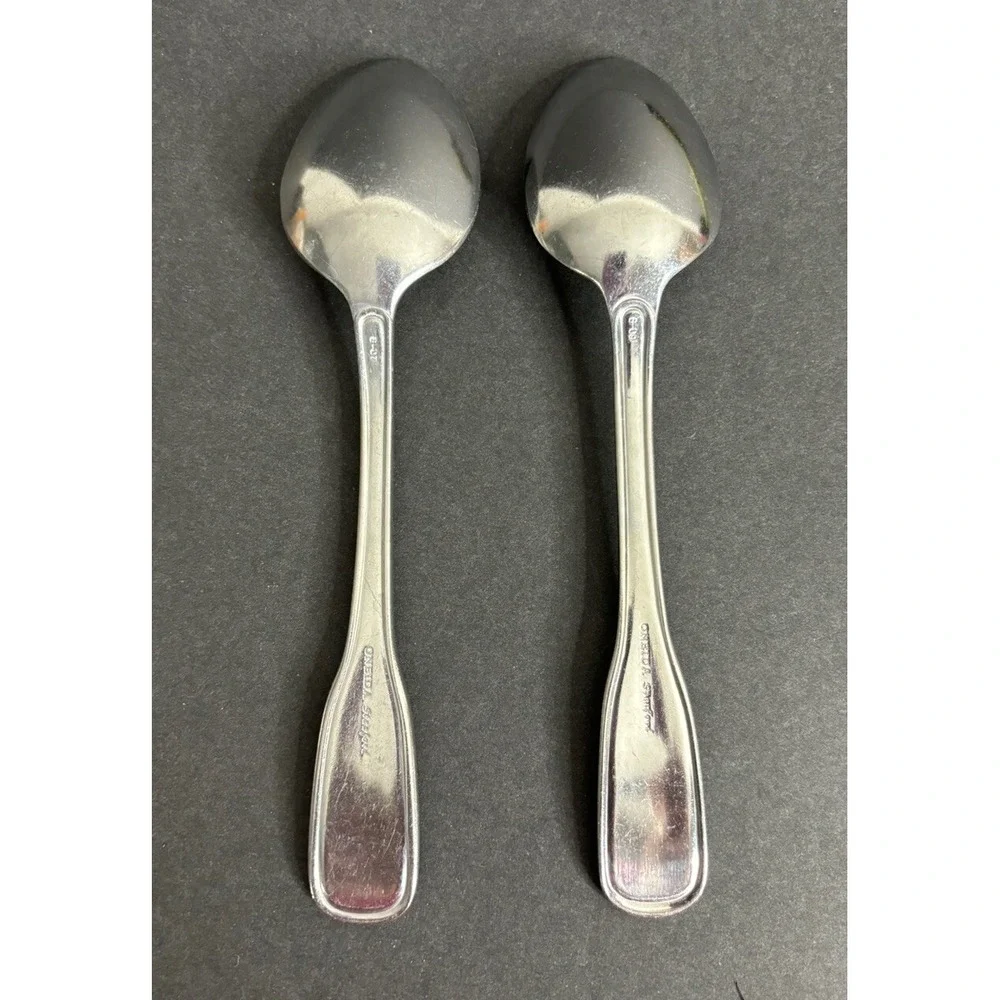 2 Oneida Stanford Place Oval Soup Spoons Stainless Flatware Minimalist 7 1/2